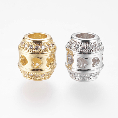 Brass Micro Pave Cubic Zirconia Beads, Barrel with Heart, Hollow