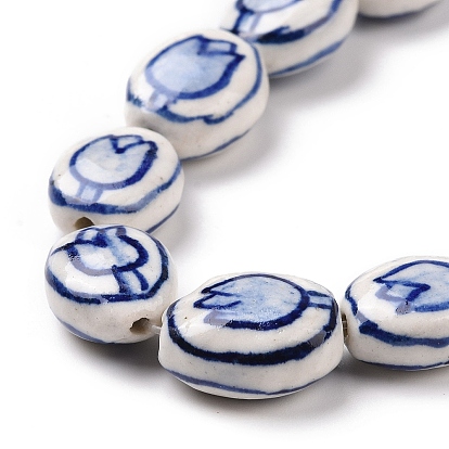 Handmade Porcelain Beads Strands, Blue and White Pocerlain, Oval with Flower Pattern