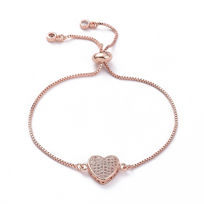 Adjustable Brass Slider Bracelets, Bolo Bracelets, with Box Chains, Brass Micro Pave Cubic Zirconia Links and Cardboard Packing Box, Heart