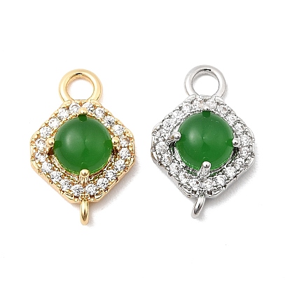 Шармы-соединители из латуни с микропаве из прозрачного кубического циркония, ромбовидные звенья с зеленым стеклом