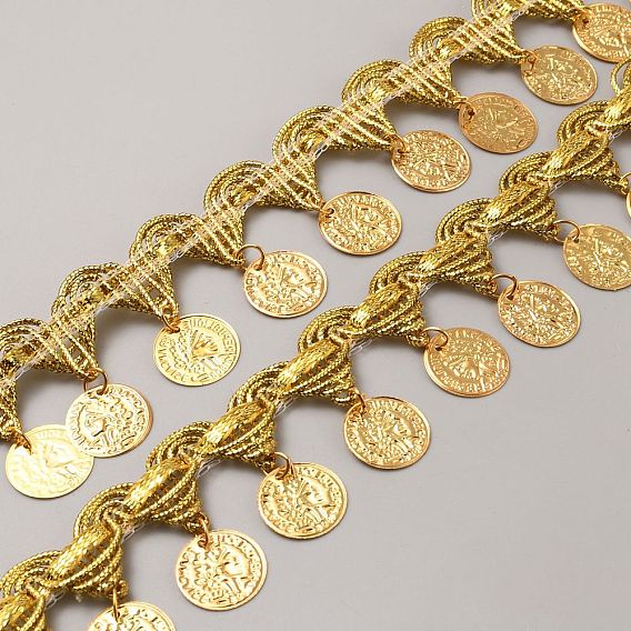 Polyester Braided Metallic Lace Trim, with Round Iron Pendant