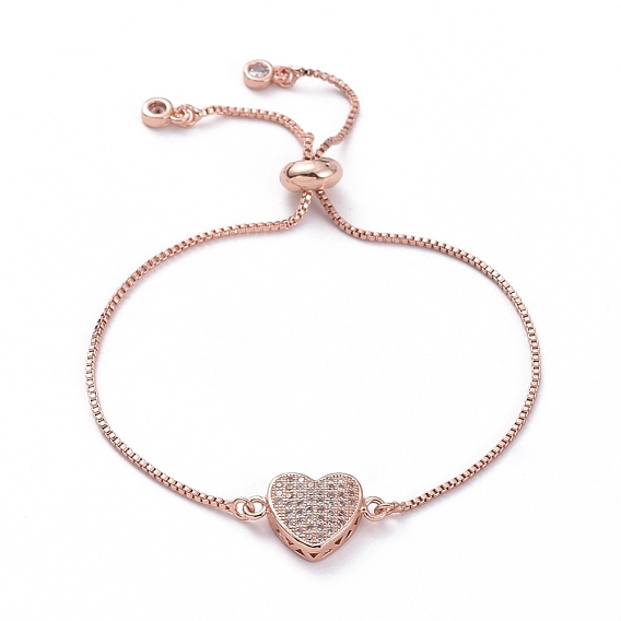 Adjustable Brass Slider Bracelets, Bolo Bracelets, with Box Chains, Brass Micro Pave Cubic Zirconia Links and Cardboard Packing Box, Heart