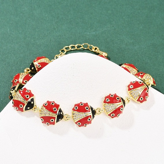 Браслеты-цепочки с красными божьими коровками из латуни с микропаве из прозрачных кубических цирконий и эмалью для женщин, долговечный, стойки покрытие