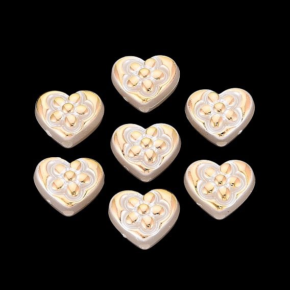 ABS Plastic Imitation Pearl Beads, Golden Metal Enlaced, Heart & Flower