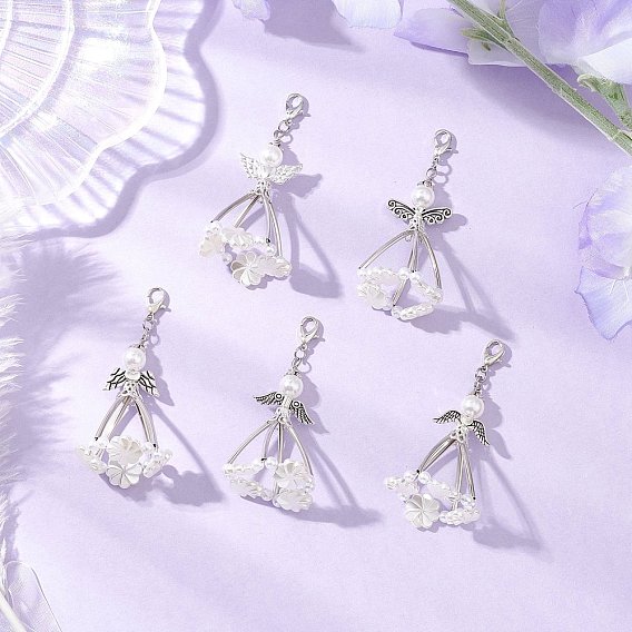 5шт. АБС-пластик, имитация жемчуга, подвесные украшения, ангел, с акриловой, сплав тибетского стиля и железо