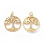 Brass Cubic Zirconia Pendants, Flat Round with Tree of Life Charm, with Jump Ring