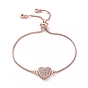 Adjustable Brass Slider Bracelets, Bolo Bracelets, with Box Chains, Brass Micro Pave Cubic Zirconia Links and Cardboard Packing Box, Heart