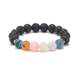Natural Weathered Agate(Dyed) & Lava Rock Round Beaded Stretch Bracelet, Essential Oil Gemstone Jewelry for Women