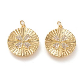 Латунные микропаве прозрачные подвески с фианитом, долговечный, плоская круглая с 4 листовым клевером