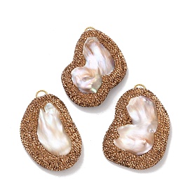 Rack Plating Brass Topaz Rhinestone Big Pendants, Natural Keshi Pearl Nuggets Charms, Long-Lasting Plated