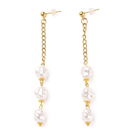 304 Stainless Steel Dangle Stud Earrings, with Nuggets Plastic Imitation Pearl Beads, Curb Chains