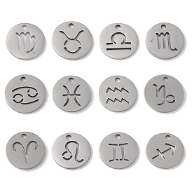 201 Stainless Steel Charms, Laser Cut, Flat Round with Constellation Charm