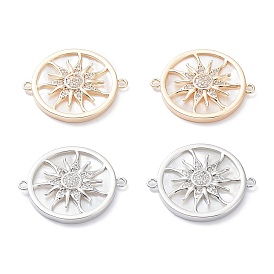 Rack Plating Brass Micro Pave Clear Cubic Zirconia Connector Charms, Flat Round Links with Sun, Long-Lasting Plated