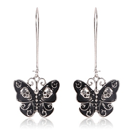 Alloy Enamel Dangle Earrings for Women, Butterfly with Skull