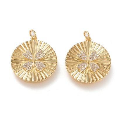Латунные микропаве прозрачные подвески с фианитом, долговечный, плоская круглая с 4 листовым клевером