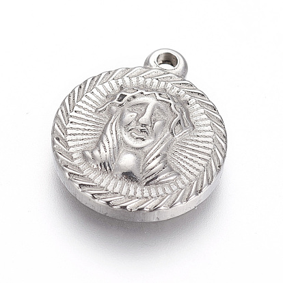 304 Stainless Steel Pendants, Flat Round with Jesus, For Easter