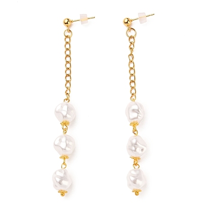 304 Stainless Steel Dangle Stud Earrings, with Nuggets Plastic Imitation Pearl Beads, Curb Chains