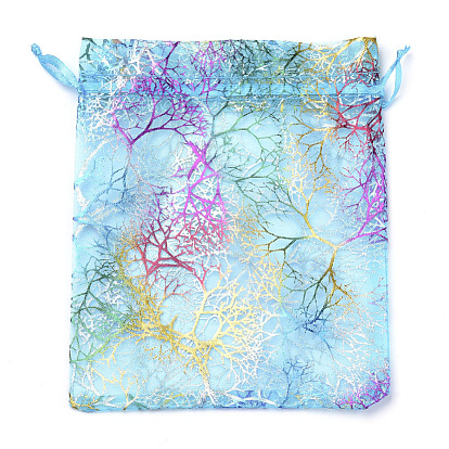 Organza Gift Bags, Drawstring Bags, with Colorful Coral Pattern, Rectangle