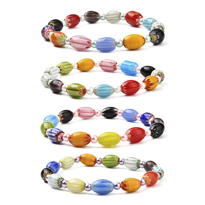Cute Candy Color Beads Stretch Bracelet for Teen Girl Women, Oval Millefiori & Round Pearlized Glass Beads Bracelet