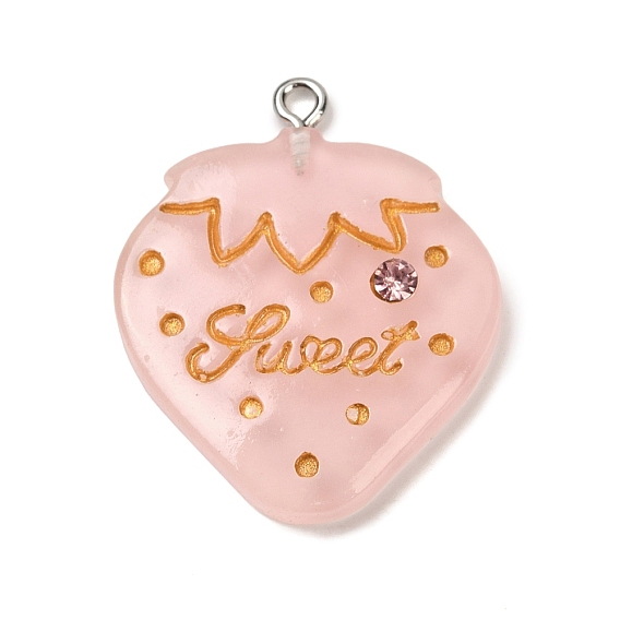 Непрозрачные подвески смолы, клубника со словом сладкая, золотой металл обвитыми, со стразами и платиновыми железными петлями