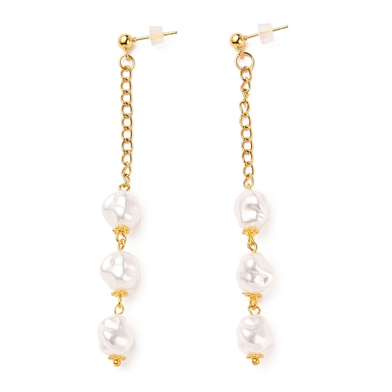 304 Stainless Steel Dangle Stud Earrings, with Nuggets Plastic Imitation Pearl Beads, Curb Chains