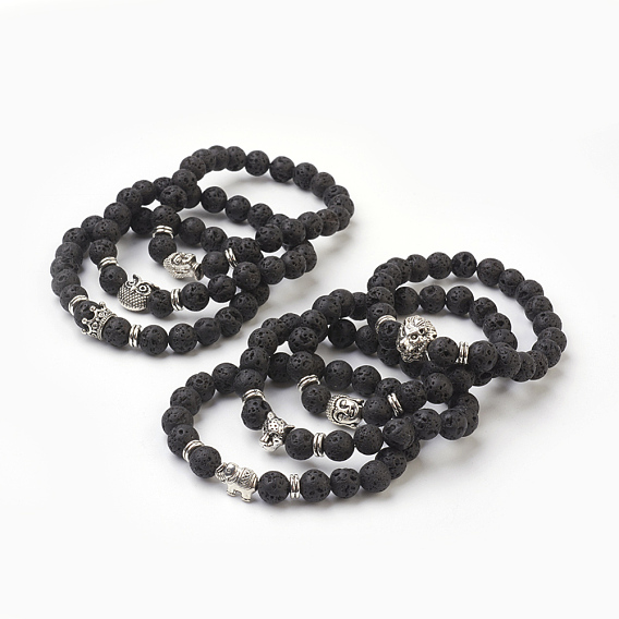 Bracelets Sets, Natural Lava Rock Beads Stretch Bracelets, with Alloy Findings, Round and Mixed Shape, Burlap Packing, Antique Silver