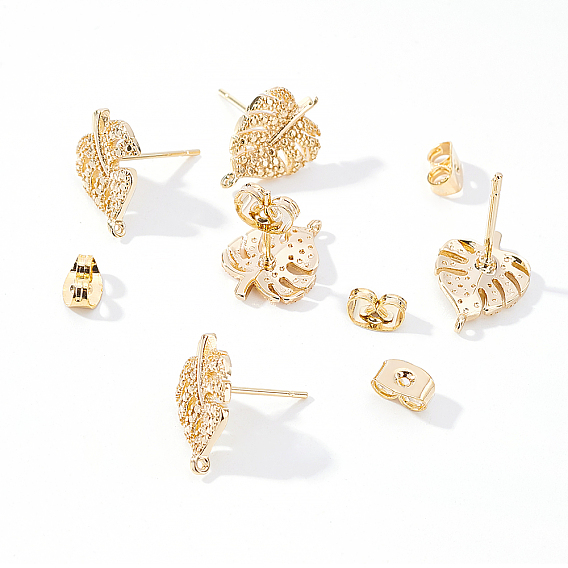 Brass Stud Earring Findings, with Ear Nuts and Loop, 925 Sterling Silver Pins, Tropical Theme, Monstera Leaf