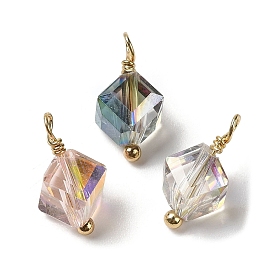 Electroplate Glass Charms, with Real 18K Gold Plated Brass Loop, Faceted Diagonal Cube Charm