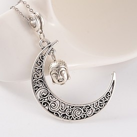 Moon with Buddha Head Tibetan Style Alloy Pendants, 41x30x1.5mm, Hole: 5mm
