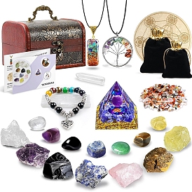 Chakra Gemstone Reiki Energy Stone Display Decorations Sets, Pyramid and  Wooden Box and Necklace and Velvet Bags and Pendulum Board