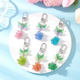 Round Cat Eye Pendants Decorations, with Glass Flower Beads and Alloy Swivel Clasps