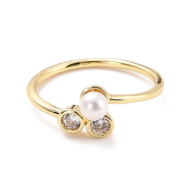 Anillo de brazalete de circonita cúbica brillante para mujer, anillo abierto de latón chapado en oro real 18k con perla de imitación, sin plomo y cadmio
