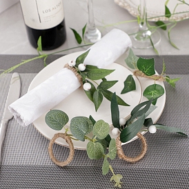 Burlap Napkin Rings, with Polyester Artificial Leaf, Napkin Holder Adornment, Wedding Restaurant Daily Accessories