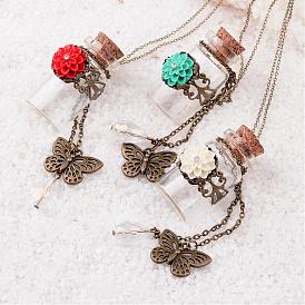 Brass Chain Pendant Necklaces, with Glass Bottles, Resin Flower and Alloy Butterfly, Brass Lobster Claw Clasps, 18.1 inch , 1.5mm