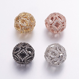 Brass Micro Pave Cubic Zirconia Beads, Round, Clear