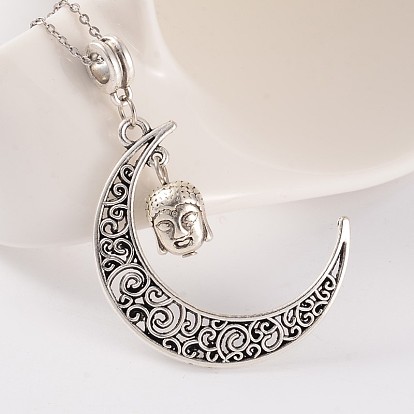 Moon with Buddha Head Tibetan Style Alloy Pendants, 41x30x1.5mm, Hole: 5mm