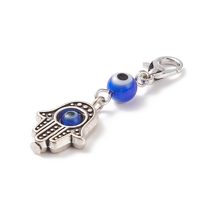 Handmade Evil Eye Lampwork Round Pendant Decorations, with Hamsa Hand Alloy Bead and Lobster Claw Clasps, for Keychain, Purse, Backpack Ornament