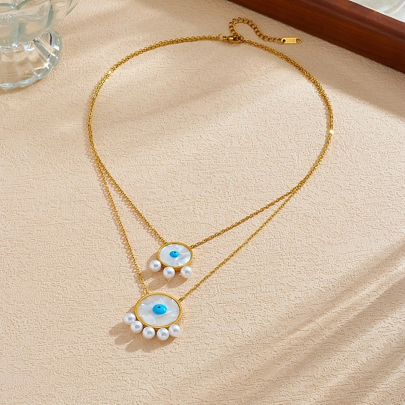 304 Collares de doble capa con colgante de ojo turco azul de acero inoxidable y acrílico para mujer, con perlas de imitación, blanco