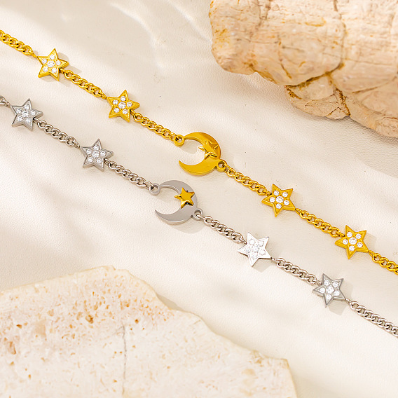 304 Stainless Steel Micro Pave Clear Cubic Zirconia Moon & Star Link Bracelets for Women