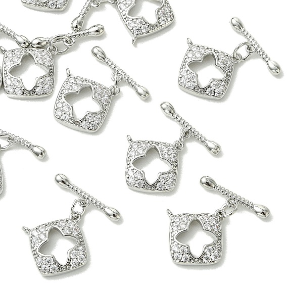 SHEGRACE Bras Micro Pave Clear Cubic Zirconia Toggle Clasps, Rhombus, Cadmium Free & Lead Free & Nickel Free