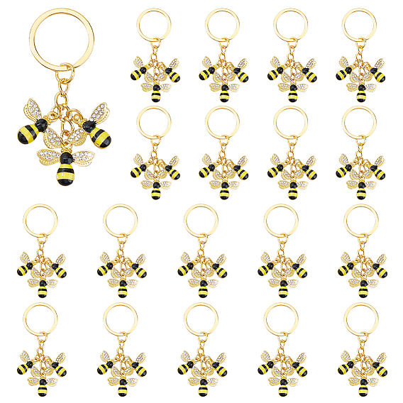 20Pcs Alloy Enamel Keychains, with Iron Rings, Bees, Golden
