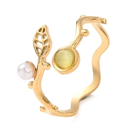 Латунные кольца-манжеты с имитацией драгоценных камней для женщин, лист, с пластиковой жемчужины