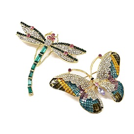 Golden Plated Alloy Colorful Rhinestone Insect Brooches, Dragonfly/Butterfly