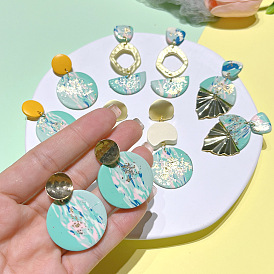  Spring retro gold foil light green soft pottery stitching women's earrings pottery clay earrings for women