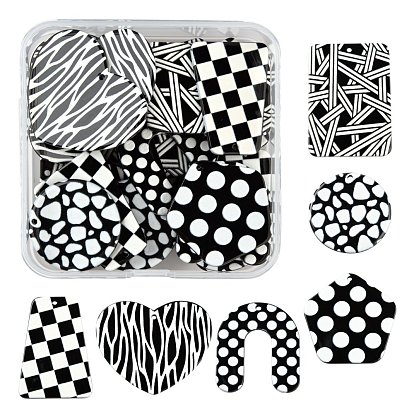 24 шт 6 стиль 3 d акриловые подвески с принтом, черно-белые, арка, трапеция, плоский круг, сердце, прямоугольник и пятиугольник