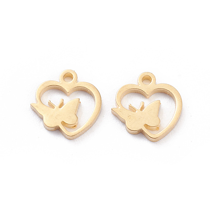 304 Stainless Steel Charms, Laser Cut, Heart with Butterfly