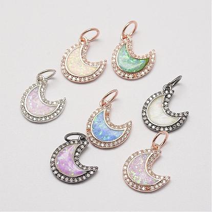 Brass Cubic Zirconia Charms, with Synthetic Opal, Moon, Cadmium Free & Lead Free