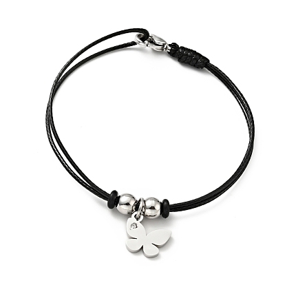 304 Stainless Steel Butterfly Charm Bracelet with Waxed Cord for Women