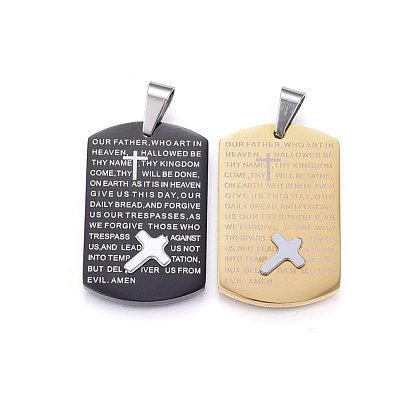 304 Stainless Steel Pendants, Rectangle with Lord's Prayer and Cross