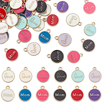 72piezas 12 estilos de dijes de aleación de esmalte para el día de la madre, sin plomo y cadmio, la luz de oro, plano y redondo con la palabra